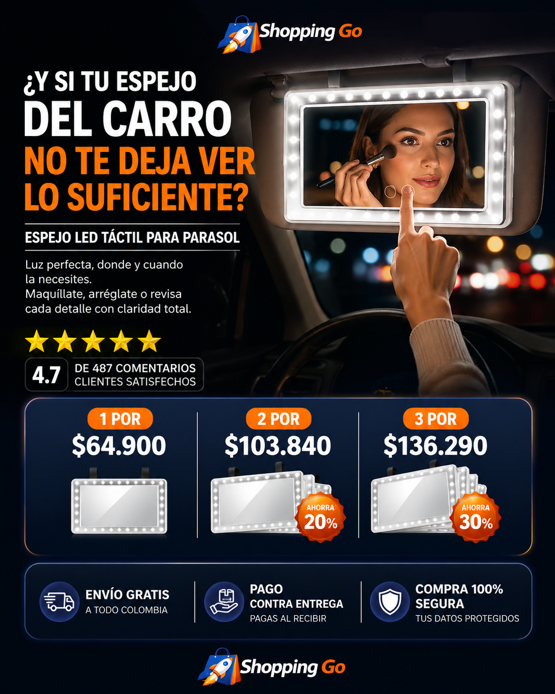 Espejo de Tocador para Auto con Luz LED Regulable y Sistema Táctil