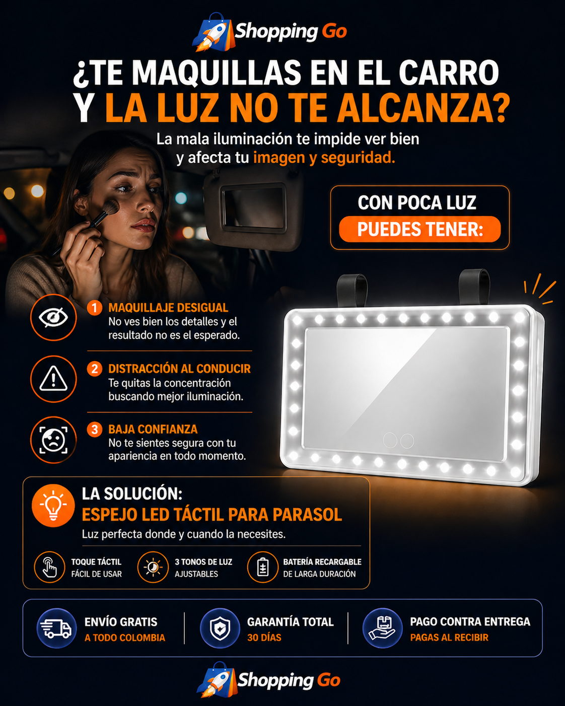 Espejo de Tocador para Auto con Luz LED Regulable y Sistema Táctil