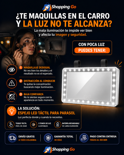 Espejo de Tocador para Auto con Luz LED Regulable y Sistema Táctil