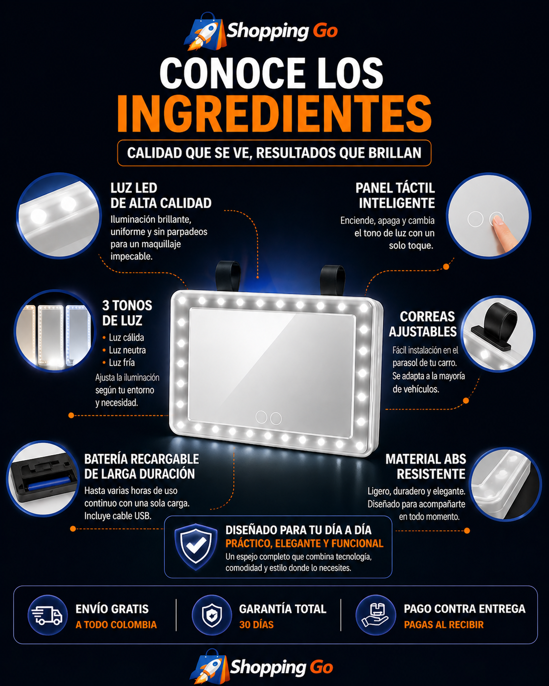 Espejo de Tocador para Auto con Luz LED Regulable y Sistema Táctil
