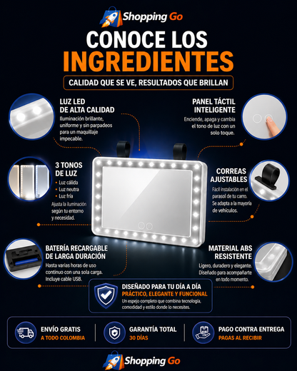 Espejo de Tocador para Auto con Luz LED Regulable y Sistema Táctil