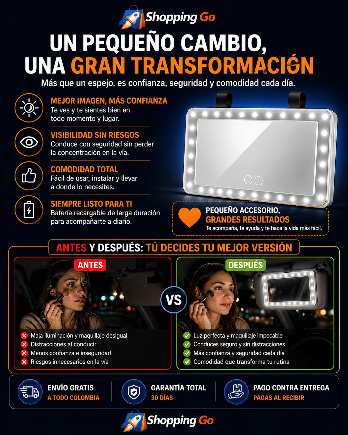 Espejo de Tocador para Auto con Luz LED Regulable y Sistema Táctil