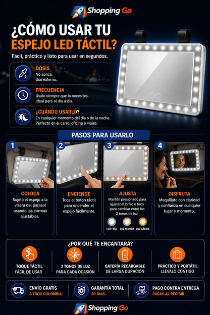 Espejo de Tocador para Auto con Luz LED Regulable y Sistema Táctil