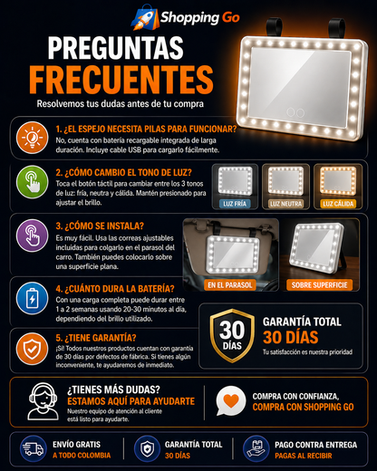 Espejo de Tocador para Auto con Luz LED Regulable y Sistema Táctil
