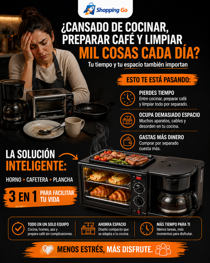 Mini Centro de Cocina 3 en 1 SOKAN (Horno + Cafetera + Plancha)