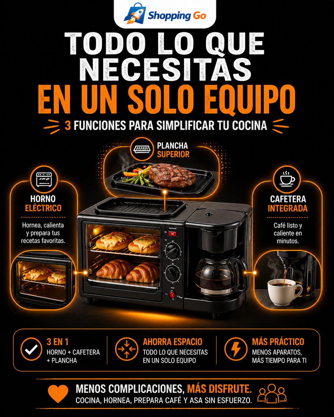 Mini Centro de Cocina 3 en 1 SOKAN (Horno + Cafetera + Plancha)