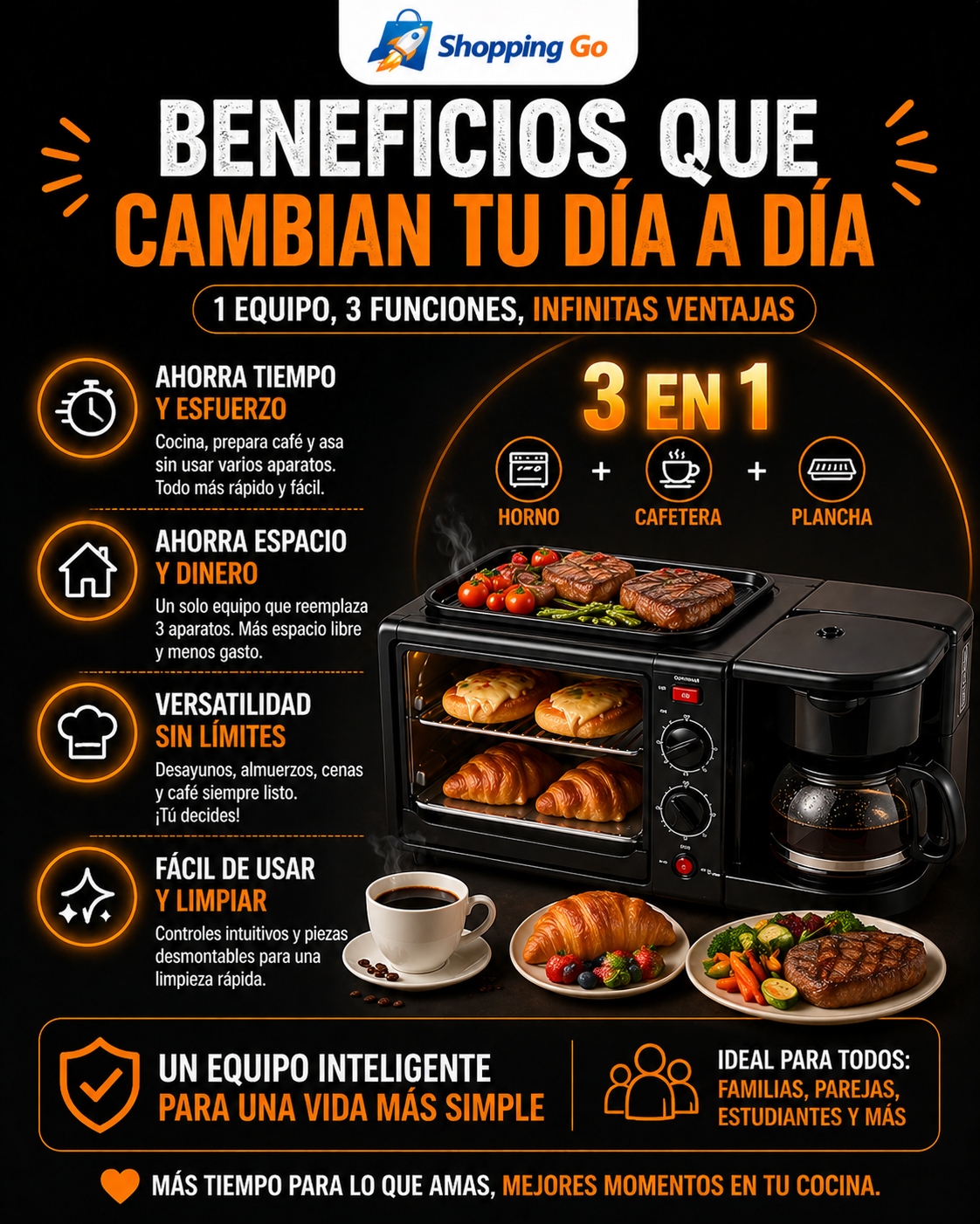 Mini Centro de Cocina 3 en 1 SOKAN (Horno + Cafetera + Plancha)