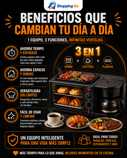 Mini Centro de Cocina 3 en 1 SOKAN (Horno + Cafetera + Plancha)