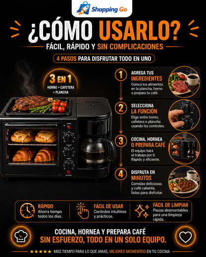 Mini Centro de Cocina 3 en 1 SOKAN (Horno + Cafetera + Plancha)